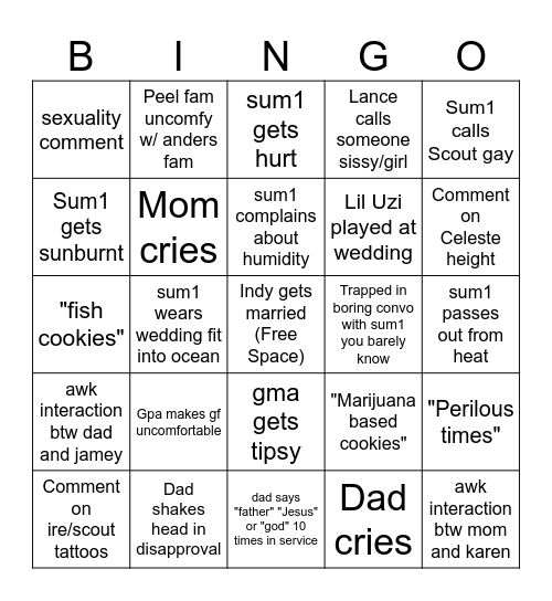 Indy's Wedding Bingo Card