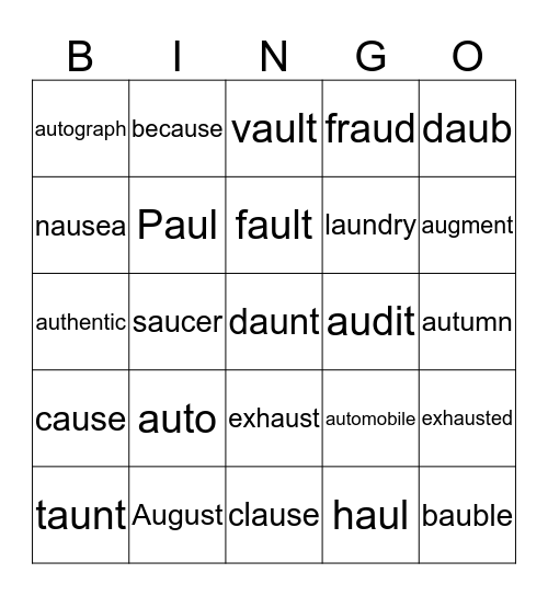 "AU"  BINGO Card