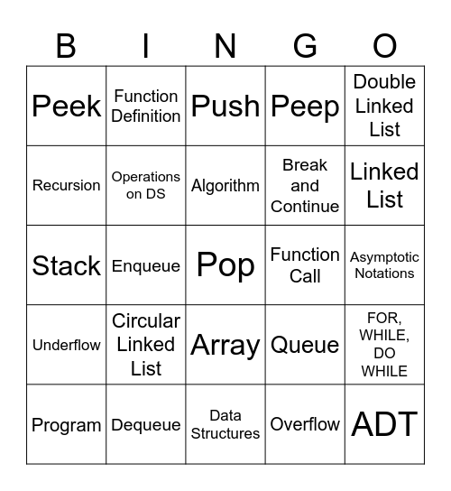 Data Structures Bingo Card