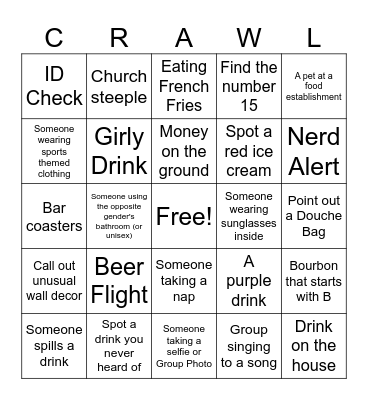 Pub Crawl Check List Bingo Card