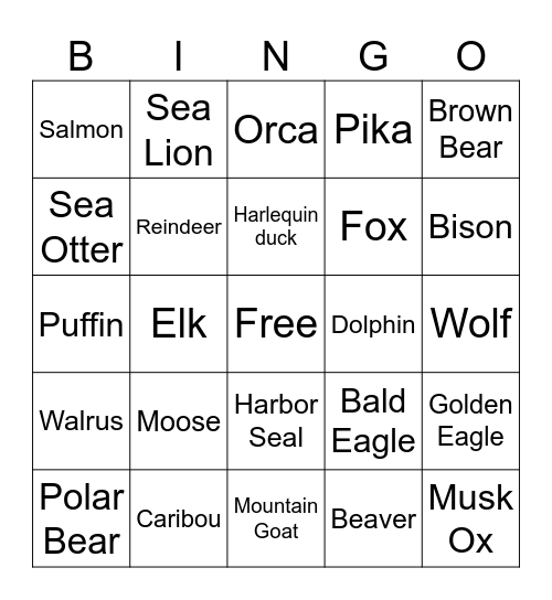 Alaska Bingo Card