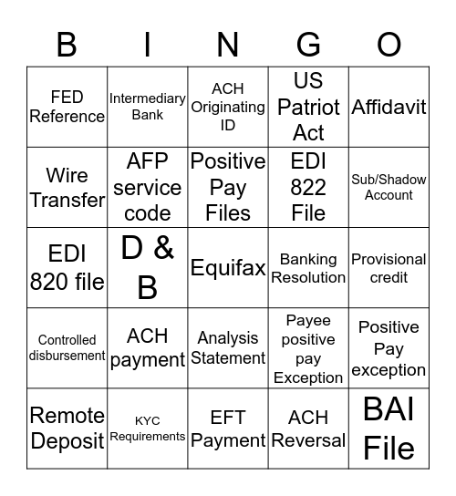 Treasury Bingo Card