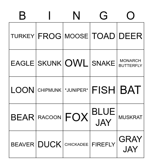 WILDLIFE BINGO Card