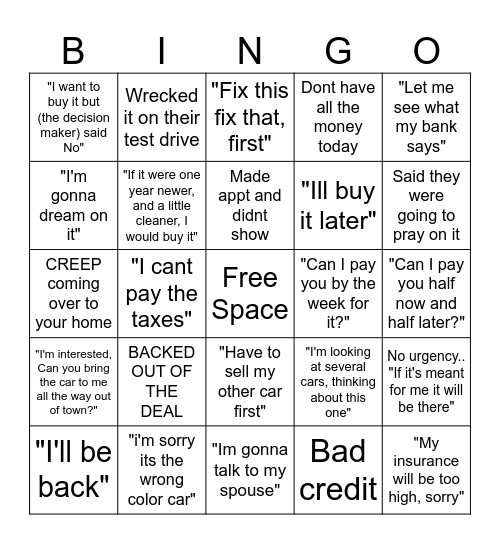 Private Sale of Car BINGO Card