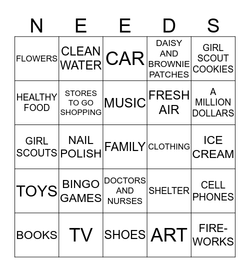 Do I NEED these things or do I WANT these things...  Bingo Card