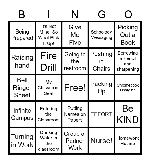 Routines and Procedures Bingo Card