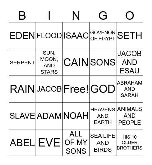 Genesis Bible Bingo Card