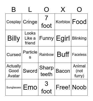 Roblo avatar bingo Card