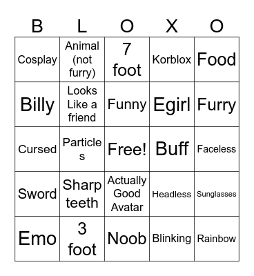 Roblo avatar bingo Card