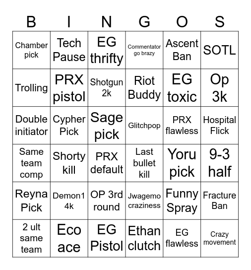 PRX vs EG Bingo Card