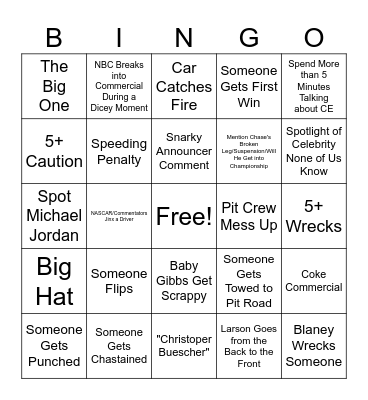 Coke Zero 400 Bingo Card
