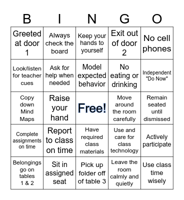 Health Ed. Expectations Bingo Card