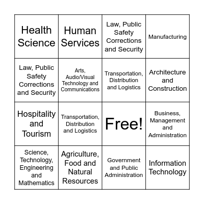 Career Cluster Bingo Card