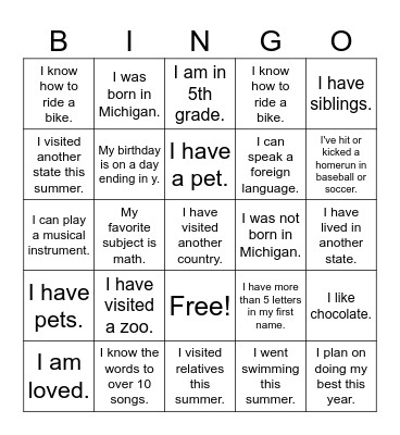 Fifth Grade!! Bingo Card