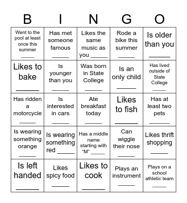 1 Write the name of a classmate in each box.  Each classmate can be used only once. Bingo Card