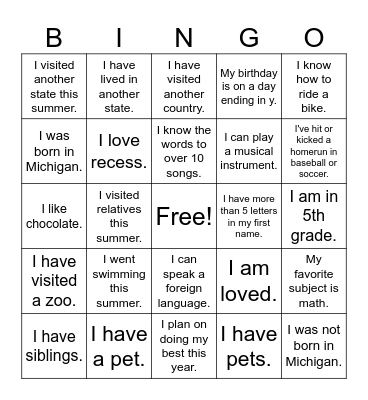 Fifth Grade Bingo! Bingo Card