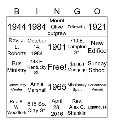 116th Church Anniversary  Bingo Card