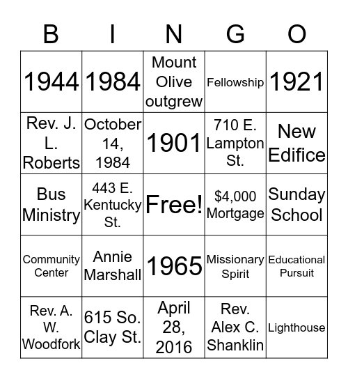 116th Church Anniversary  Bingo Card