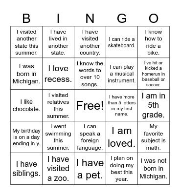 Fifth Grade Bingo! Bingo Card