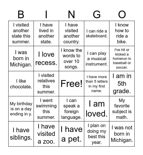 Fifth Grade Bingo! Bingo Card