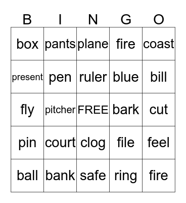 Multiple Meaning Words Bingo Card