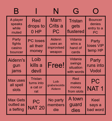Casino Quest Bingo Card