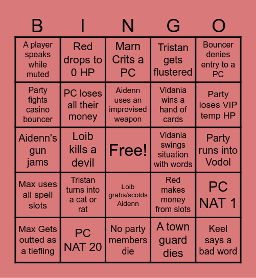 Casino Quest Bingo Card