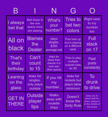 Roulette Dealer Bingo Card
