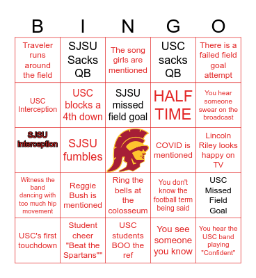 2023 USC vs SJSU BINGO Card
