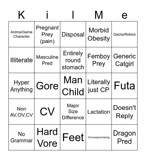 Vore Bingo Card