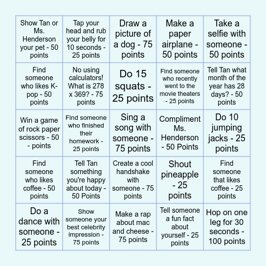 5 Minute Challenge Bingo Card