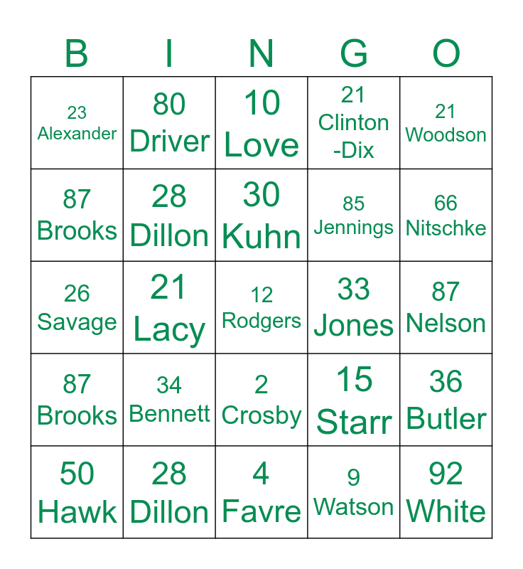 Packer Jersey Bingo Card