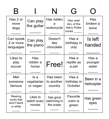 Human Scavenger Hunt Bingo Card
