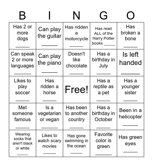 Human Scavenger Hunt Bingo Card