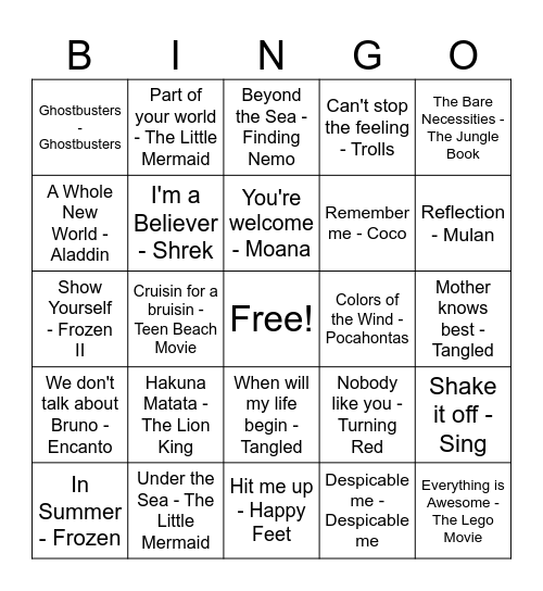 Movie Music Bingo Card