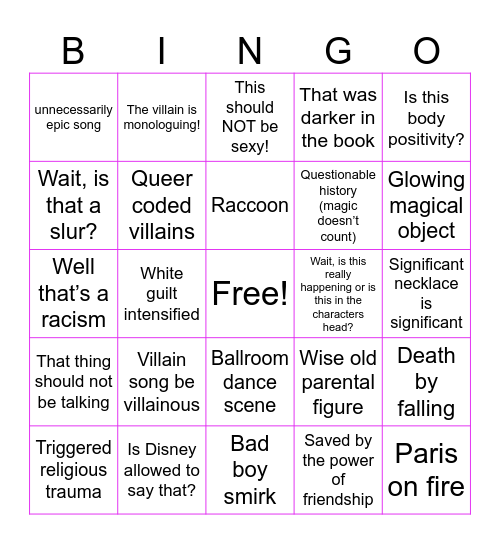 Disney Princess with a Hint of Genocide Bingo Card