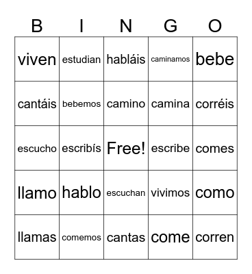 Spanish Verbs Bingo Card