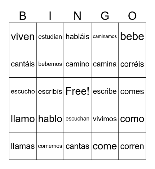 Spanish Verbs Bingo Card