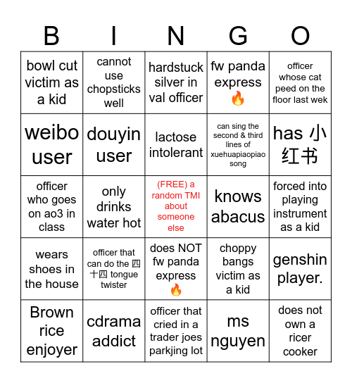 get 2 know e/o uncomfortably well (cc edition) Bingo Card