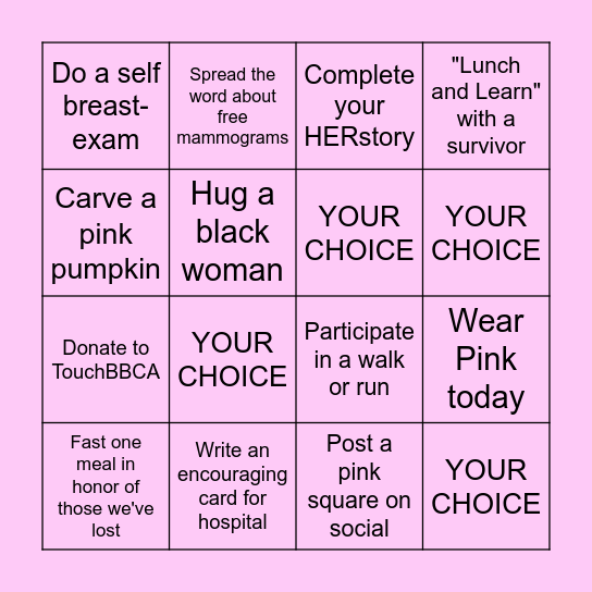 Breast Cancer Action Month Bingo Card