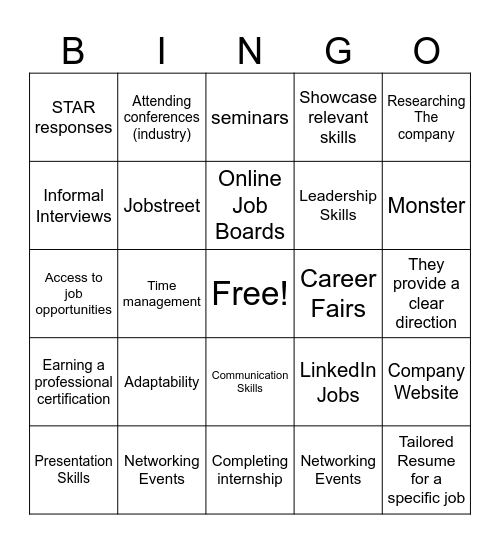 Virtual Career Bingo Card