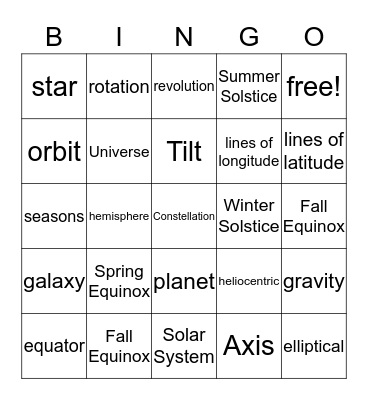 Space Vocabulary Bingo Card