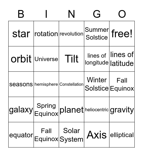 Space Vocabulary Bingo Card