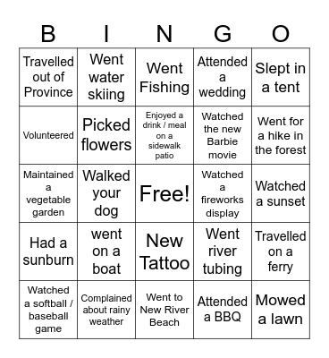 SSMS Summer Vacation Bingo Card