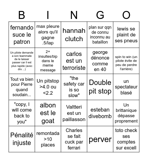 Vroom Bingo Card