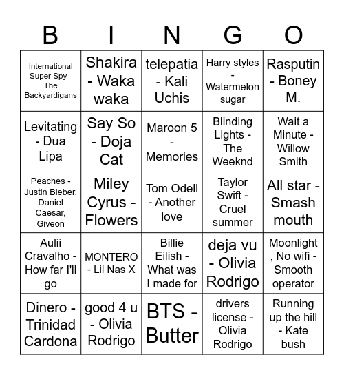 TIKTOK SONGS Bingo Card