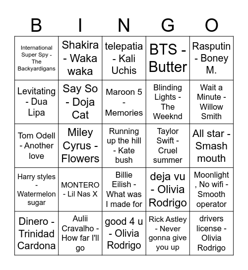 TIKTOK SONGS Bingo Card