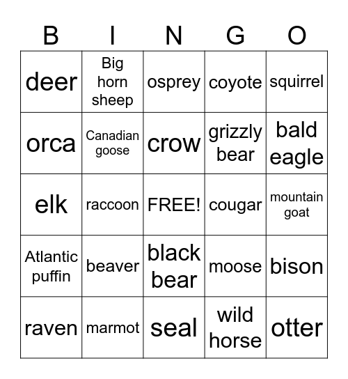 Canadian Wildlife Bingo Card