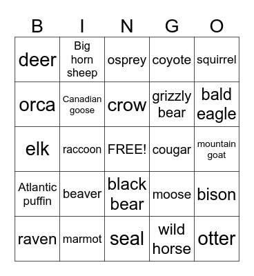 Canadian Wildlife Bingo Card