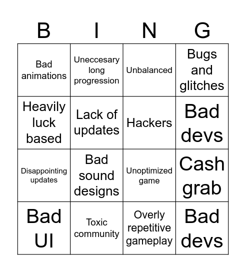 Bad game bingo Card